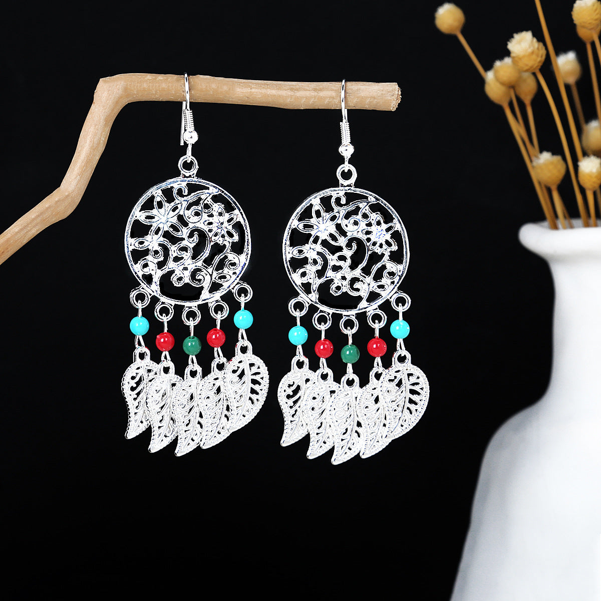 Miao Sier Colorful Long Feather Tassel Rings