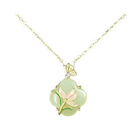 Women's Magnolia Clover Jade Sterling Sier National Style Chinese Summer Necklaces