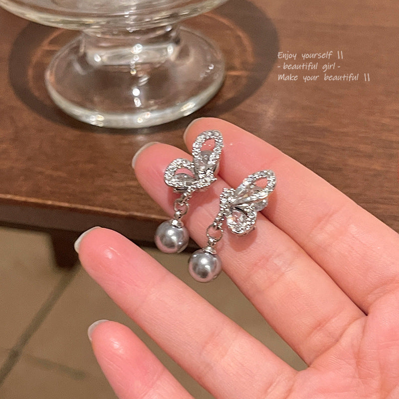 Sier Needle Zircon Pearl Advanced Fashion Bowknot Retro Earrings