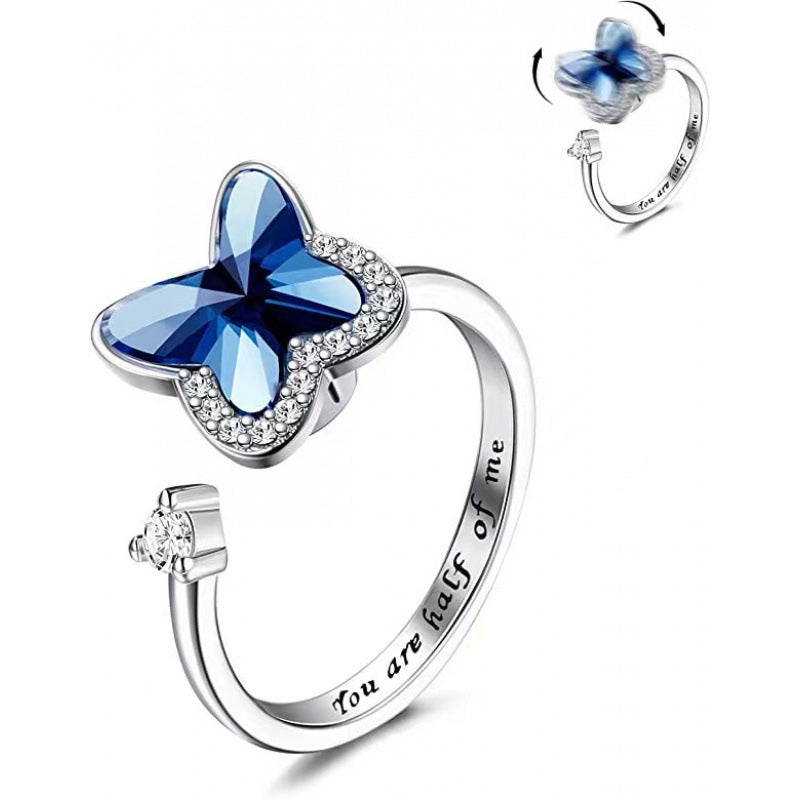 Women's Lettering Adjustable Anxiety Relief Open Decompression Zircon Ring