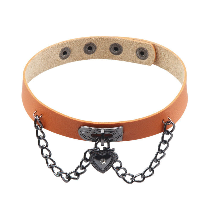 Dark Punk Heart Leather Chain Neck Band Peach Style Collar