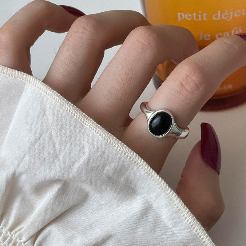 Style Black Agate Twin Simple Female Open Rings