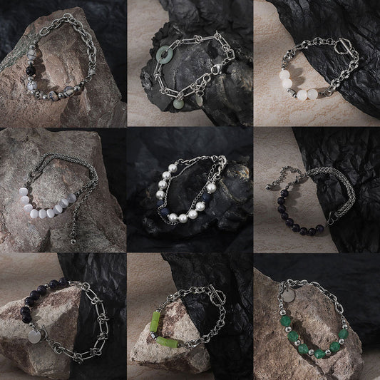 Surface Jade Safety Knot Mix Match Stitching Titanium Steel Retro Bracelet
