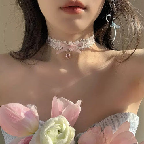 Sweet Peach Lace Love Heart Bow Tie Collar
