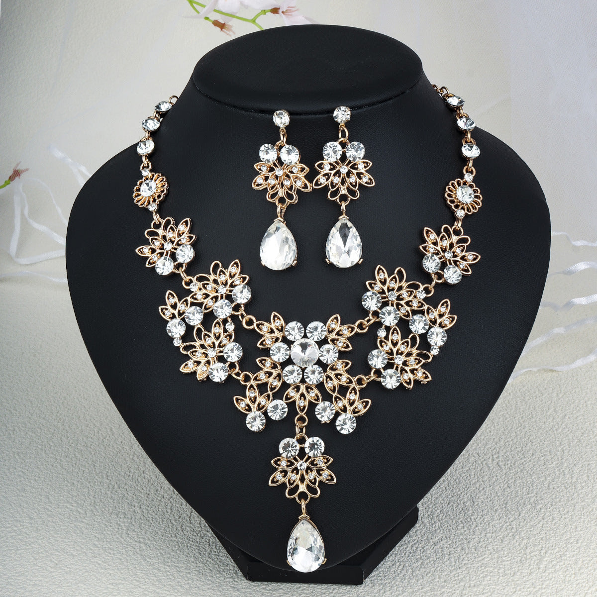 Women's Bridal Wedding Two-piece Dress Rhinestone Pearl Jewelry Set