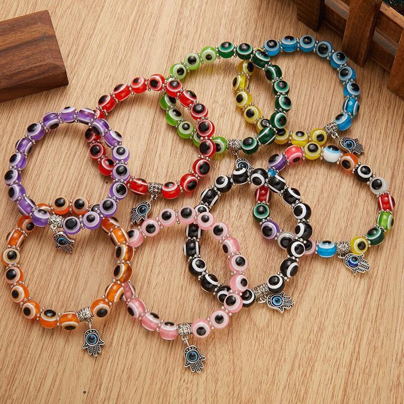 Alloy Palm Hollow Blue Eyes Beaded Elastic Bracelet