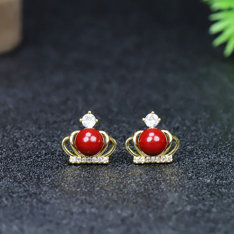 Purple Gold Sandstone Inlaid Ear Cherry Cinnabar Swan Female Earrings