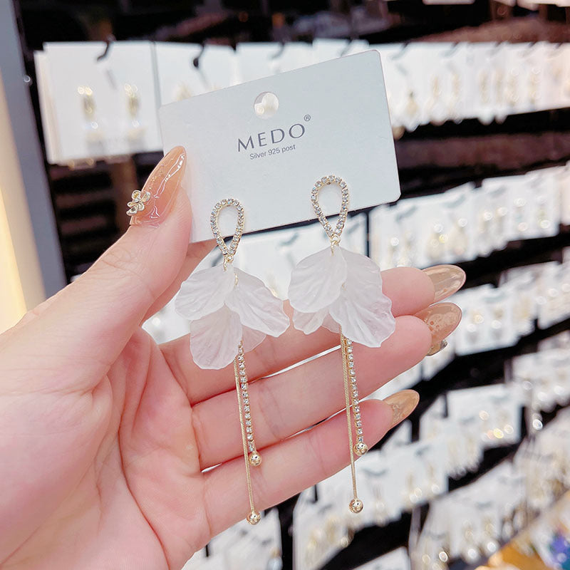 Long White Petal Fringed Sweet Super Fairy Simple Fresh Sier Earrings