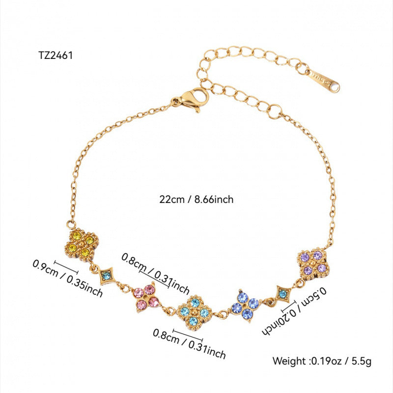 Sweet Diamond Mounted Colorful Lucky Four-leaf Flower Female Minority Simple Bracelet