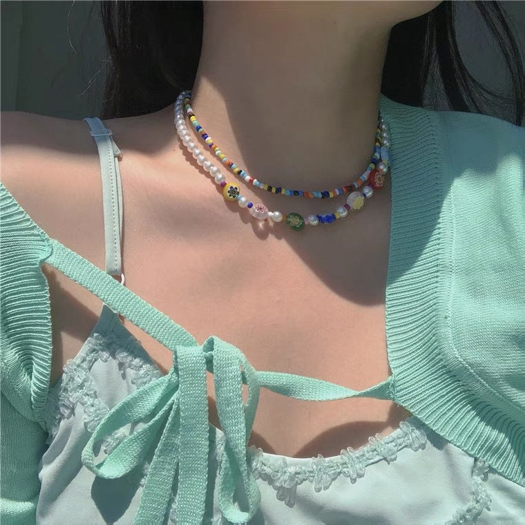 Women's Daisy Glass Small Beads Short Pearl Handmade Beaded Necklaces