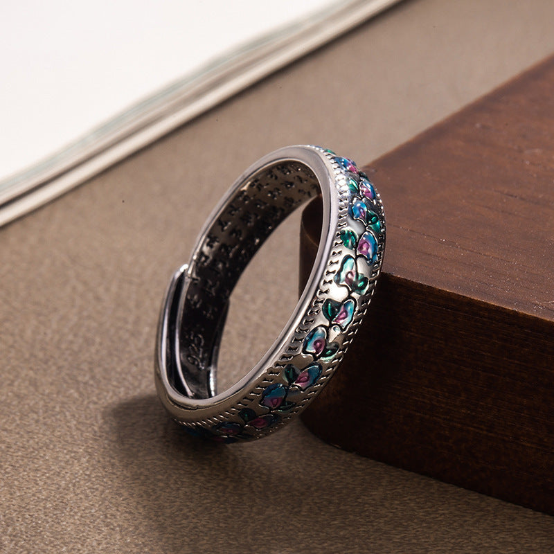 Enamel Apricot Leaf Vine Female Opening Chinese Style Retro National Ring