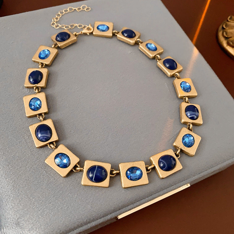 Style Turquoise Blue Diamond Flower Ear Light Luxury Minority Clavicle Necklaces
