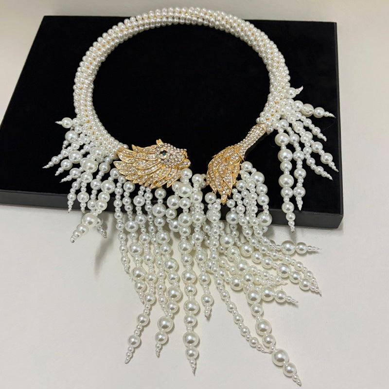 Women's Hand-woven Pearl Tassel Embossed Rhinestone Lion's Head Style Collar