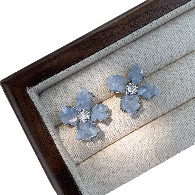 Women's Light Blue Crystal Flowers Luxury High-grade Niche Earrings