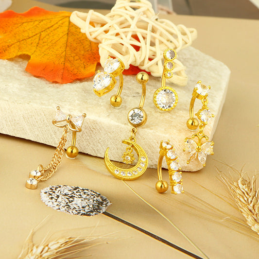 Zircon Navel Piercing Golden Heart Buckle Stud Earrings