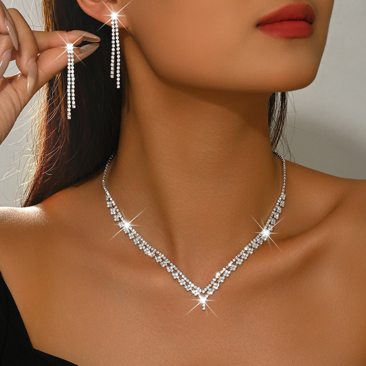 Women's Rhinestone Flower Ear Bridal Sweet High-grade Tassel Jewelry Set