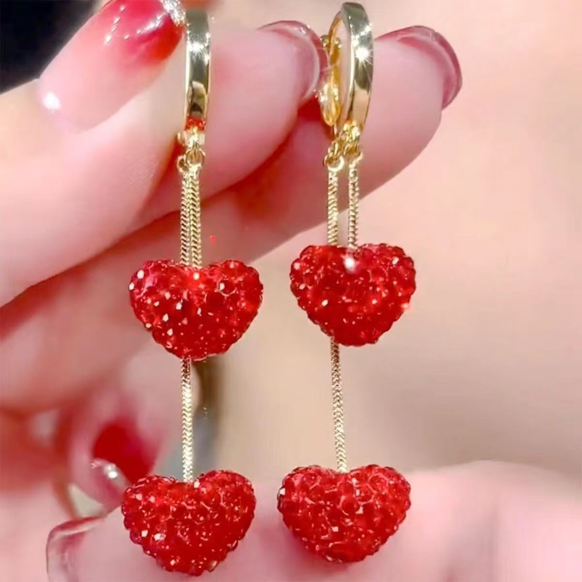 Graceful Fashionable Red Heart-shaped Long Advanced Simple Exquisite Full Earrings
