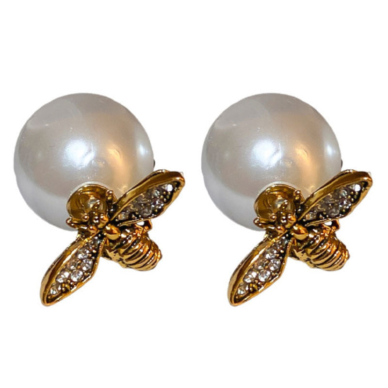 Women's Sier Pearl Bee Front Back Unique Design Niche Temperament Stud Earrings