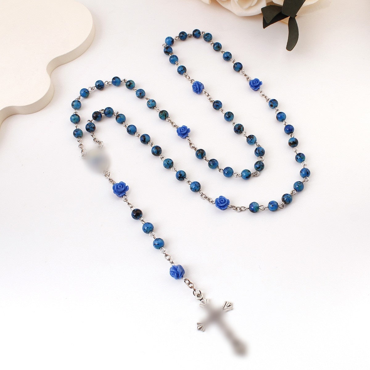 Women's & Men's Royal Blue Paint Beads Rose Cross Long Baptism Prayer Sweater Necklaces