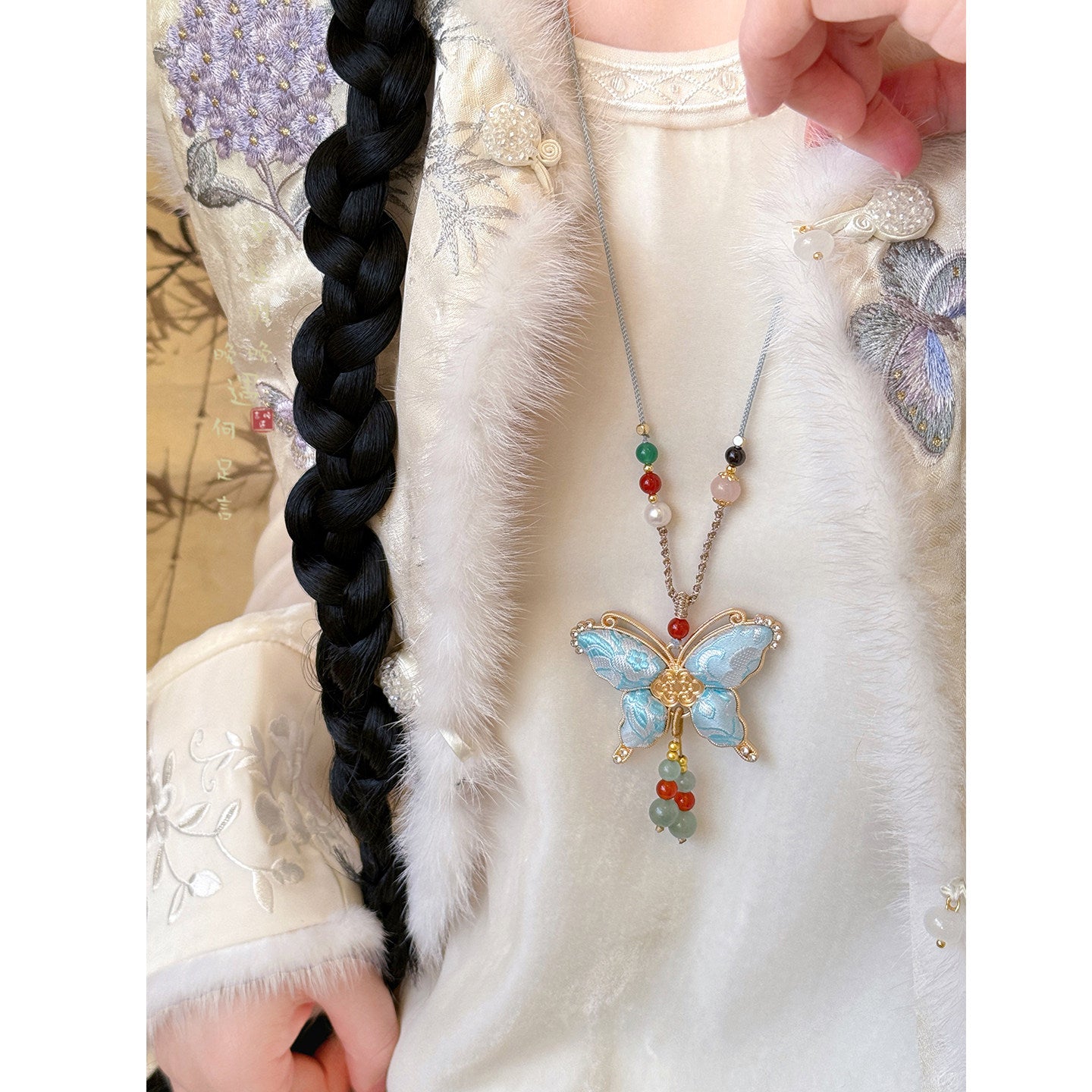 Women's Dynasty Brocade Butterfly Tassel Chinese Style Long Sweater Chain National Necklace