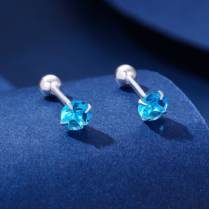 Sier Pure Female Summer Niche Design Zircon Blue Ear Bone Stud Earrings