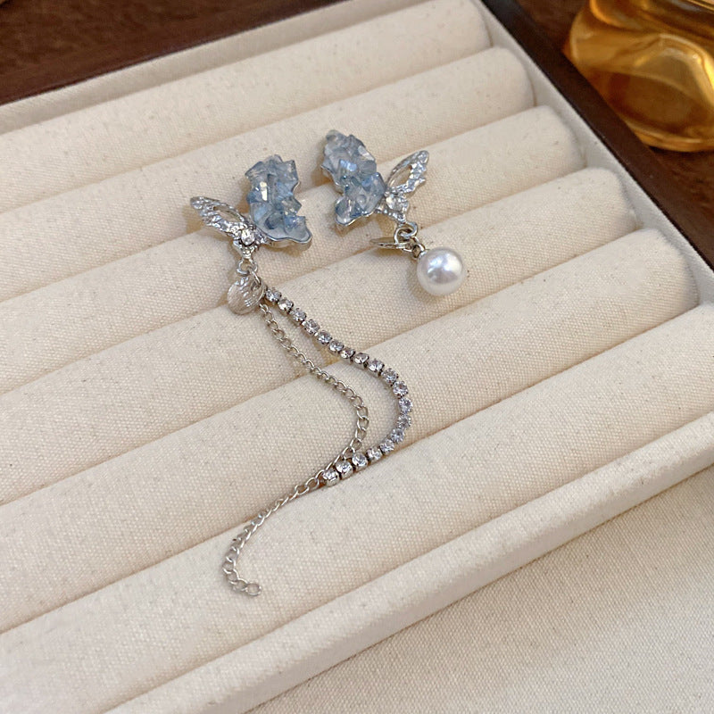 Blue Crystal Butterfly Flower Fashion Simple Fresh Light Luxury High Earrings