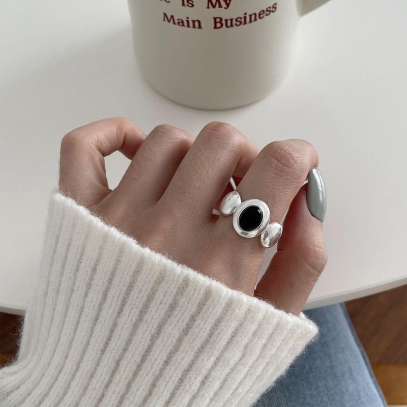 Style Black Agate Twin Simple Female Open Rings