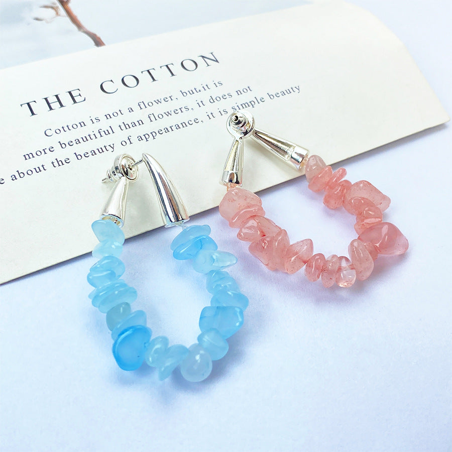 Crystal Gravel Ear Clip Pink Aquamarine Two-color For Summer Graceful Stud Earrings