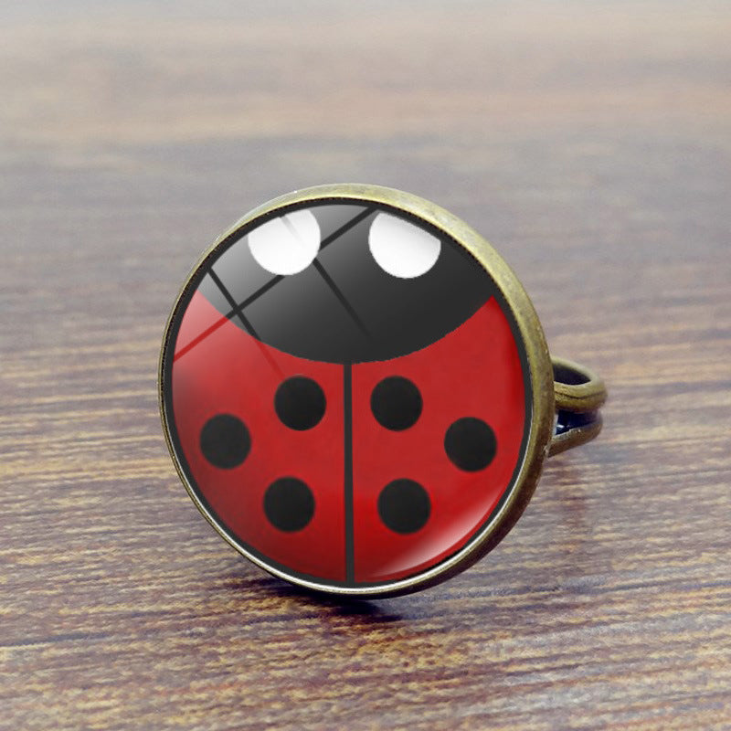 Round Polka Dot Time Stone Cartoon Anime Ladybug Brush Printed Ring