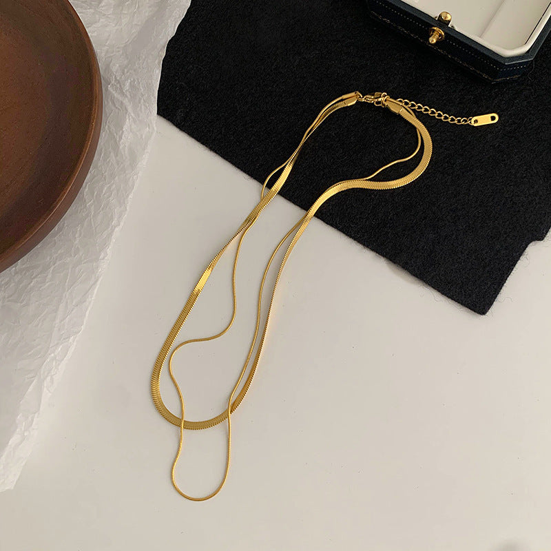 Fashion Retro Double Layer Snake Bone Twin Titanium Steel Bag Necklace