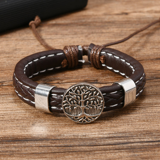 Men's Hand-woven Beads Metal Lucky Tree Leather Bracelets