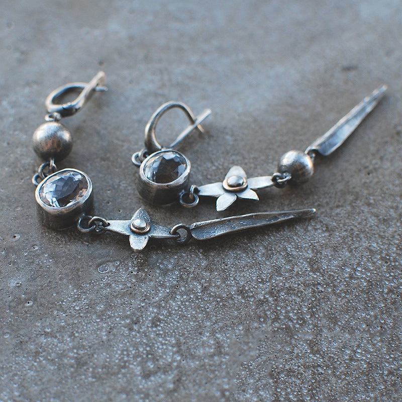 Geometric Ancient Sier-plated Long Rhinestone Tassel Retro Ear Hook