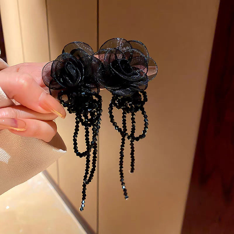 Women's Organza Flower Crystal Tassel Trendy Long Earrings