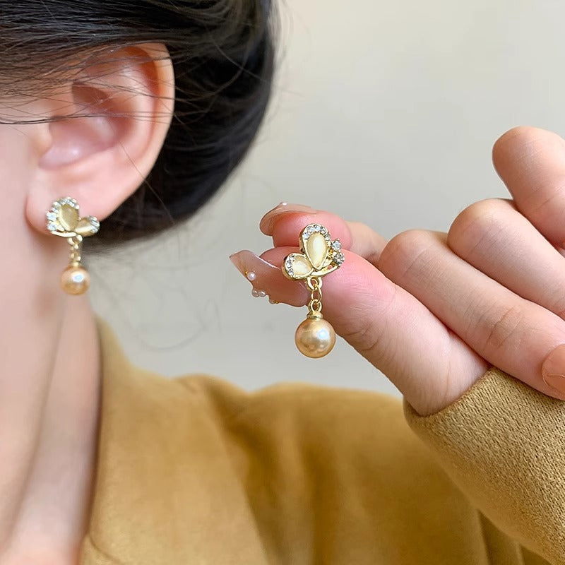 Women's Light Luxury Butterfly Champagne Pearl Summer Earrings