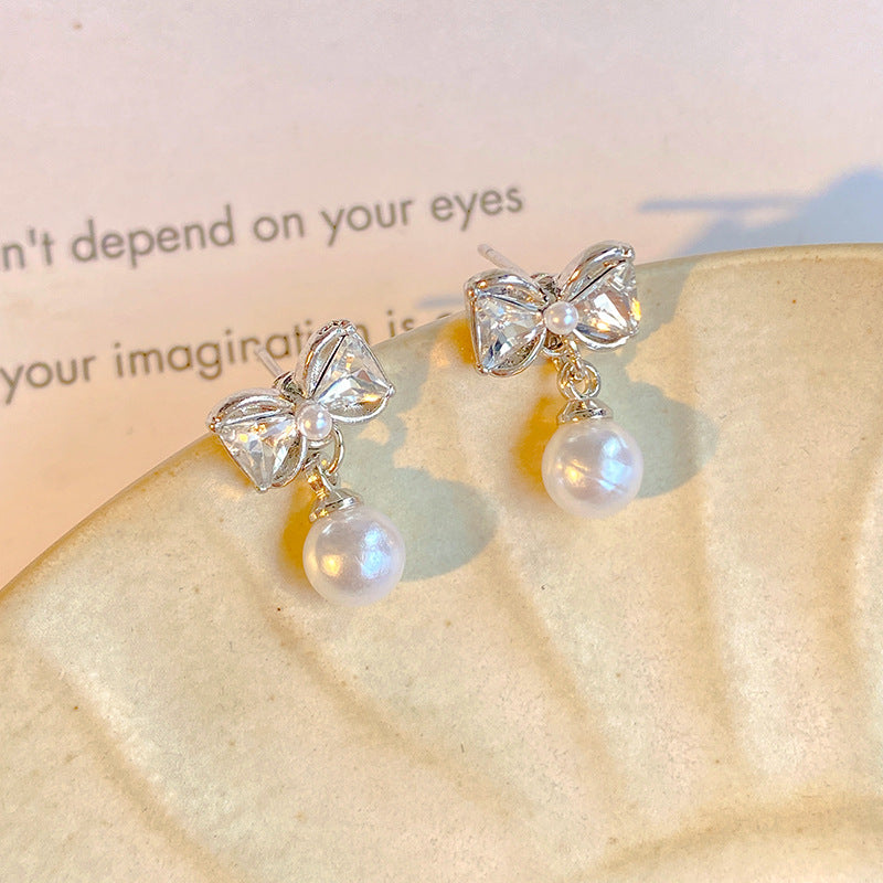 Women's Fairy Pearl Bow Blue Light Luxury Earrings