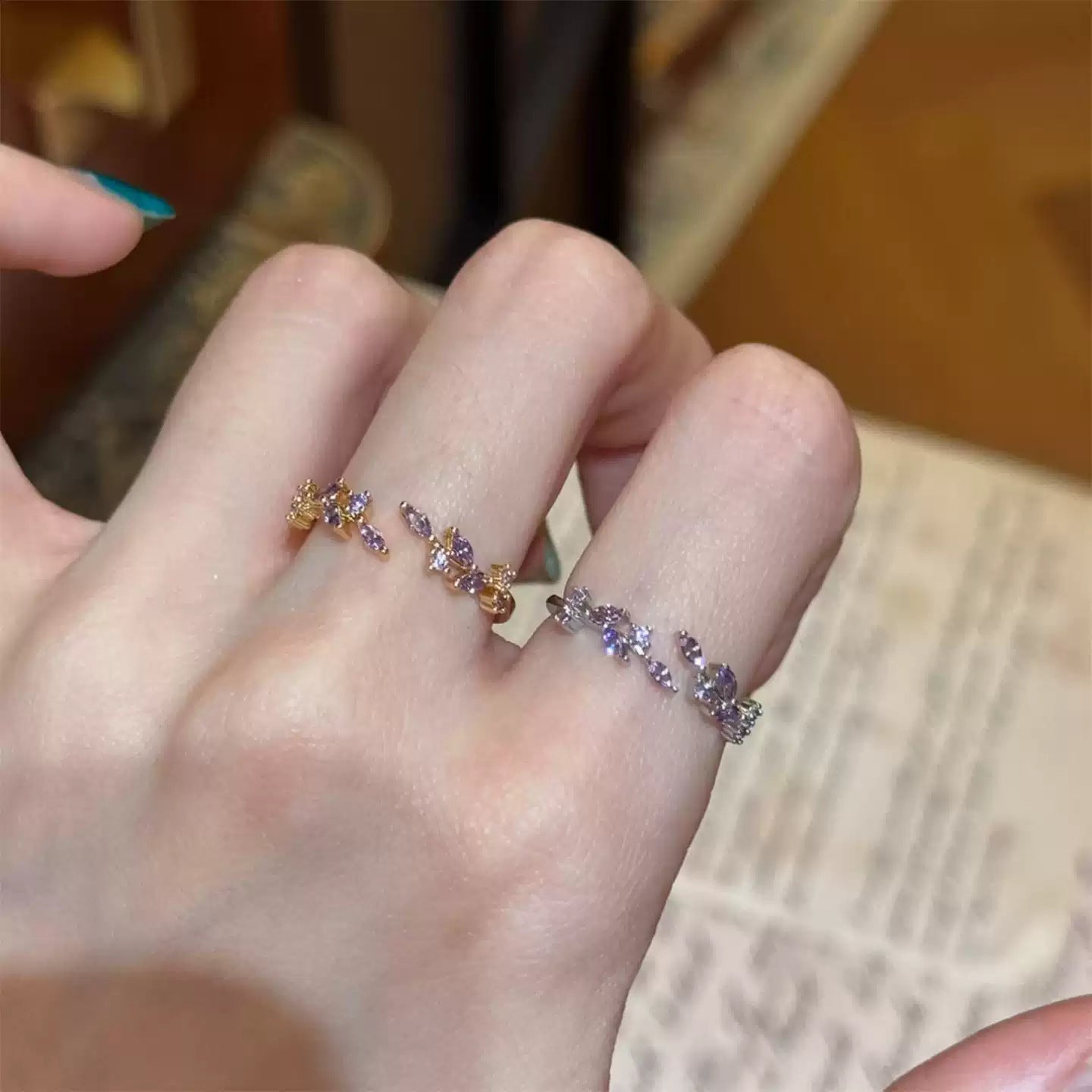 Burst Purple Branches Leaves Zircon Female Retro Atmosphere Light Luxury Rings