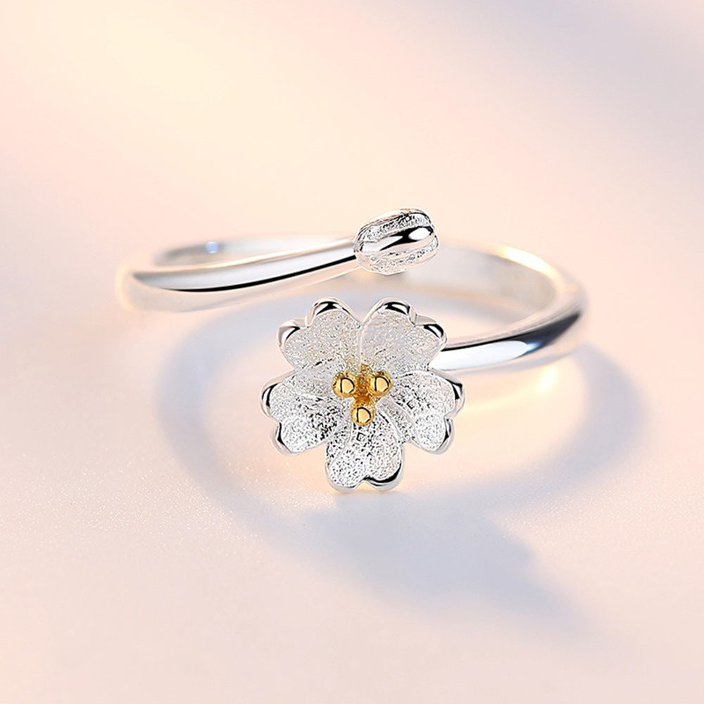 Open Mouth Sier Plated Female Flower Fashion Sweet Adjustable Rings
