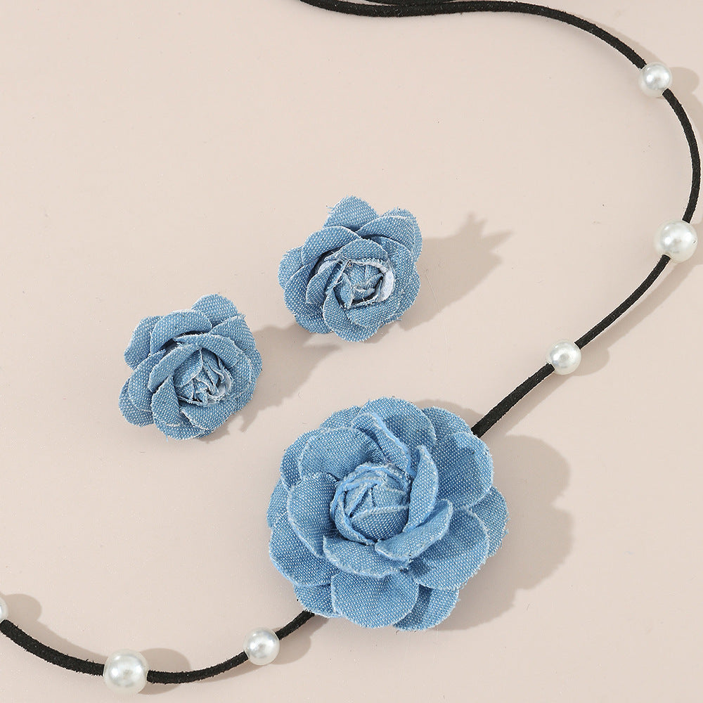 Women's Denim Camellia Beaded Suite French Minority Necklace