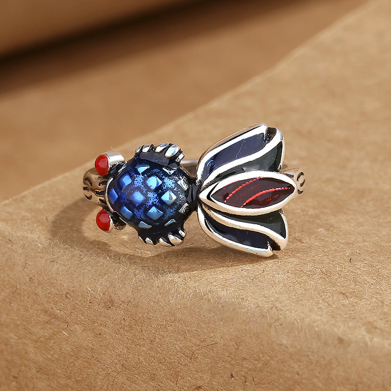 Old Enamel Burnt Blue Goldfish Female Ethnic Style Thai Sier Ring