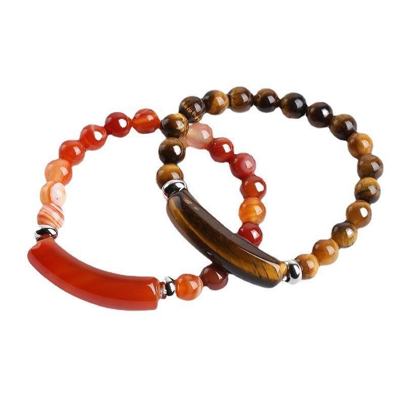 Pink Crystal Green Tiger Eye Rough Stone Simple Bracelet