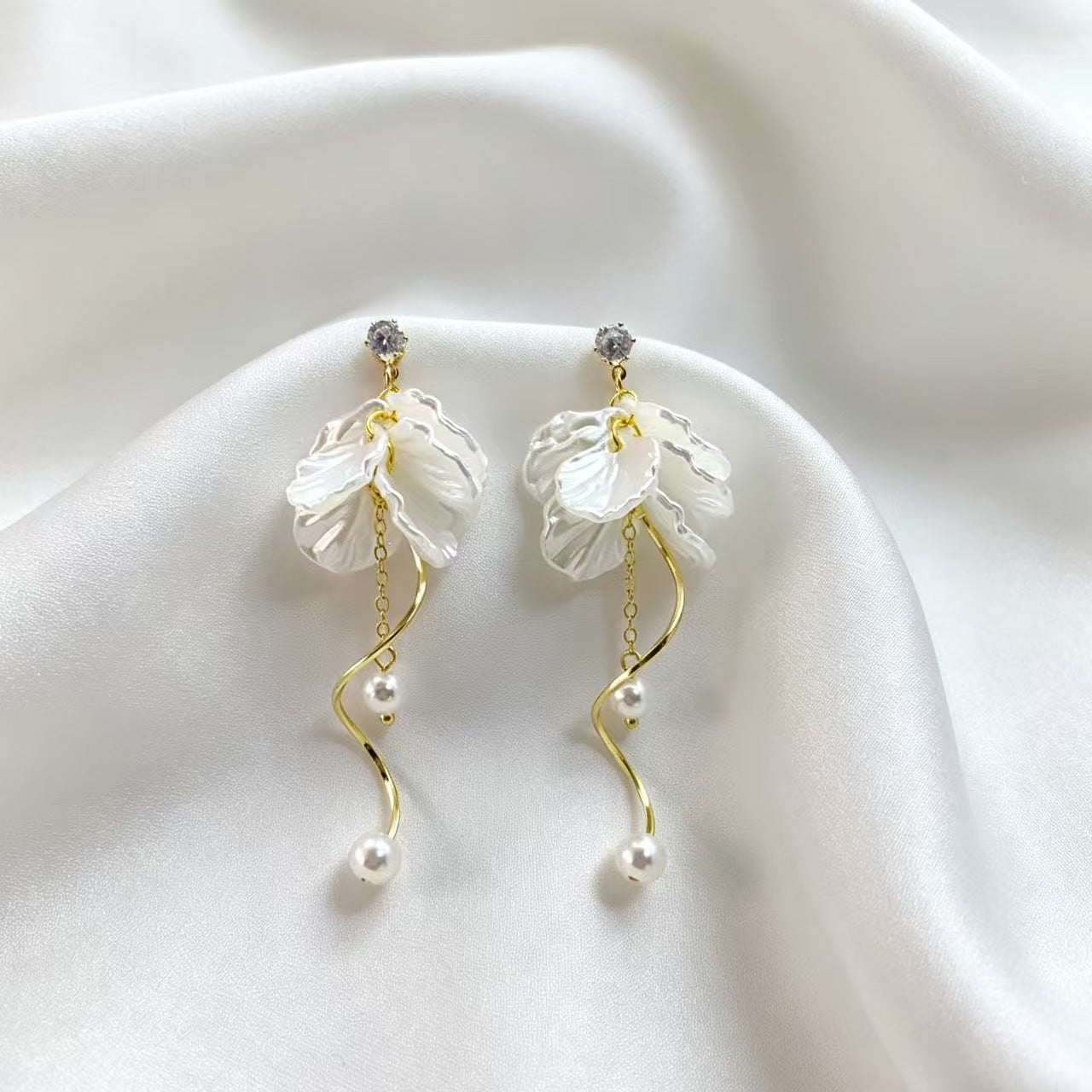 Petal Pearl Tassel Eardrops Sier Ear Earrings