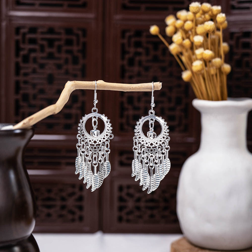 Miao Sier Ethnic Style Peacock Bell Tassel Hollow Leaves Cute Rings