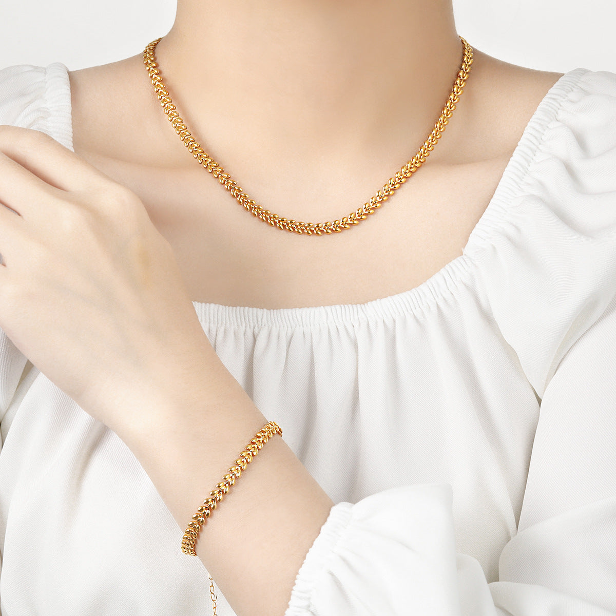 Wheat Leaf Titanium Steel Female Gold Jewelry Set