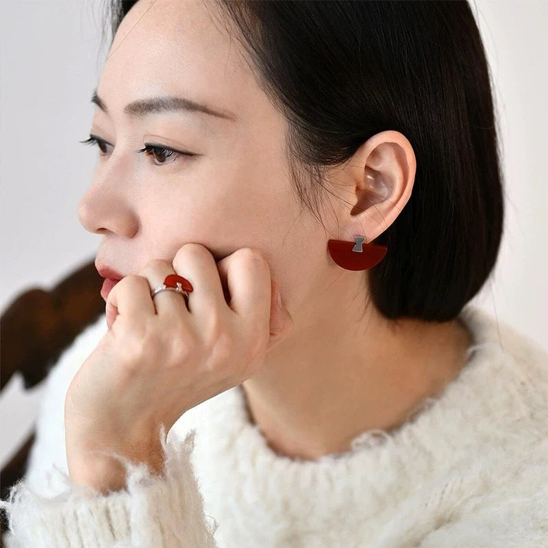 Red Agate Folding Fan Dovetail Joint Chinese Female Light Necklaces
