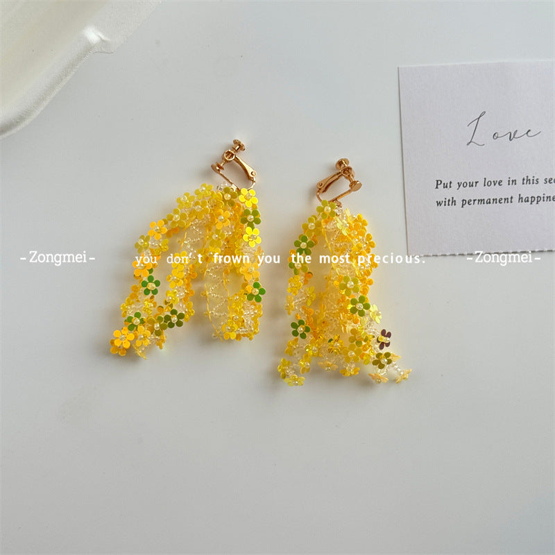 Imported Laser Flower Handmade Ear Clip Beaded Combination Earrings