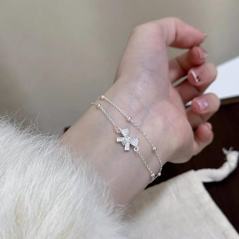 Women's Bow Fashion Simple Design Ribbon Round Beads Chain Exquisite Light Bracelet