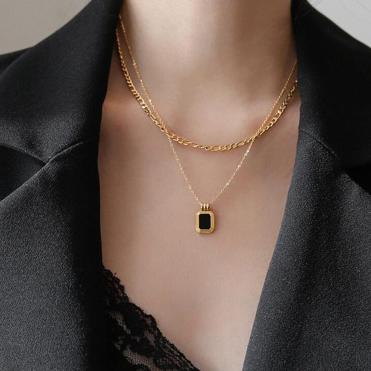 Women's Roman Black Square Double Layer Twin Fashion Necklace