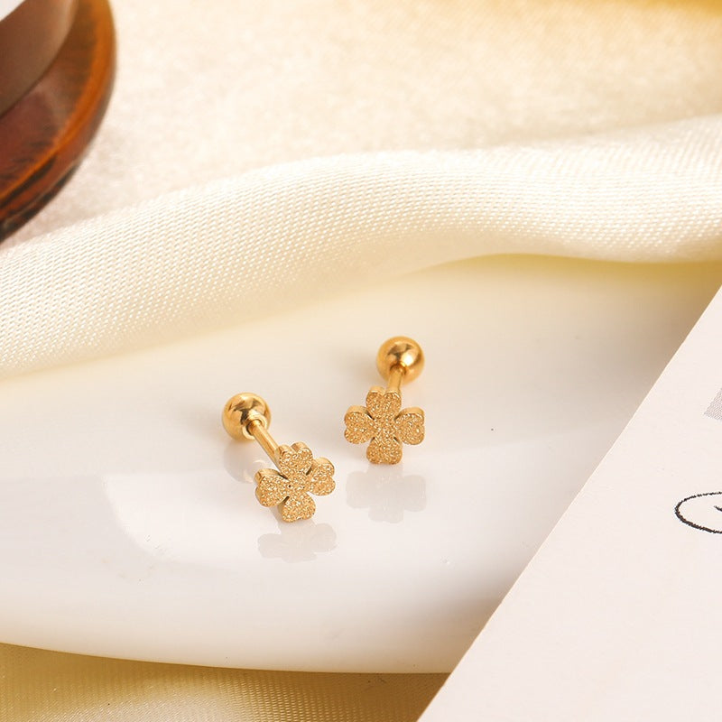Frosted Clover Female Titanium Steel Niche Ear Earrings