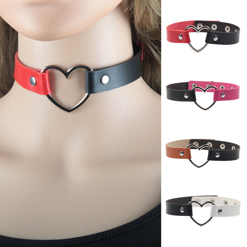 Color Matching Leather Peach Heart Love Heart-shaped Female Neckband Clavicle Collar