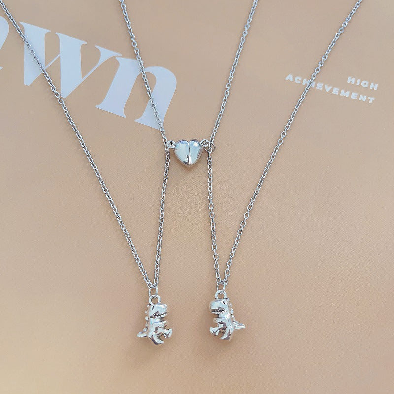 Women's & Men's Design Alloy Dinosaur Love Magnetic Snap Suction Couple One Necklace